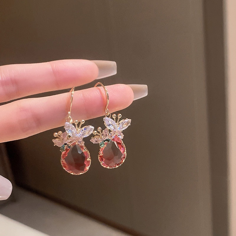 Butterfly Zircon Crystal Drop Pink Water Drop Earrings Style HF4UE9992