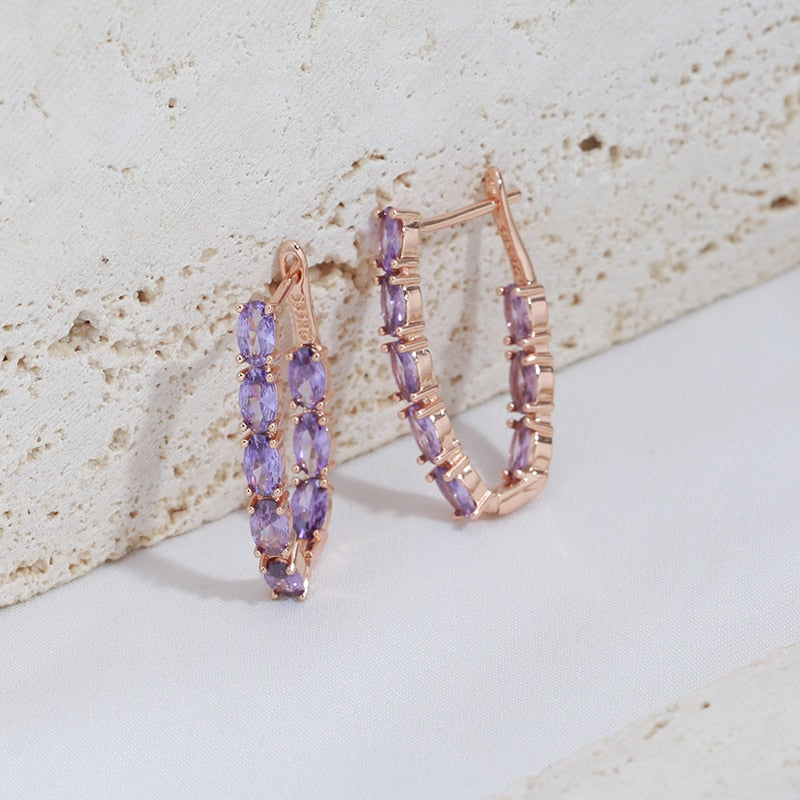 Rose Gold Plated Luxury Full Claw Oval Purple Zircon Metal Earrings Style HF4U0920JD