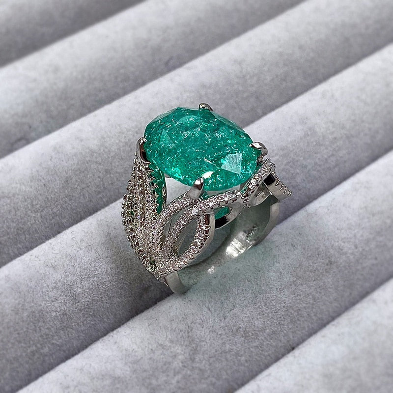 925 Silver Plated Exquisite Blue Green Moissanite Ring Fire Sparkling Luxury Open Ring Female Party Birthday Jewelry Gift