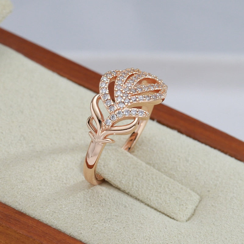 Luxury Full Zircon Fashion Rings Jewelry 585 Rose Gold Color Leaf Texture