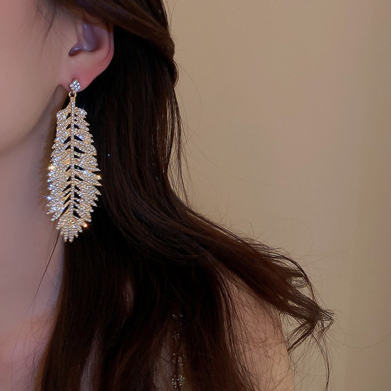 Classic Feather Style Crystal Drop Earrings
