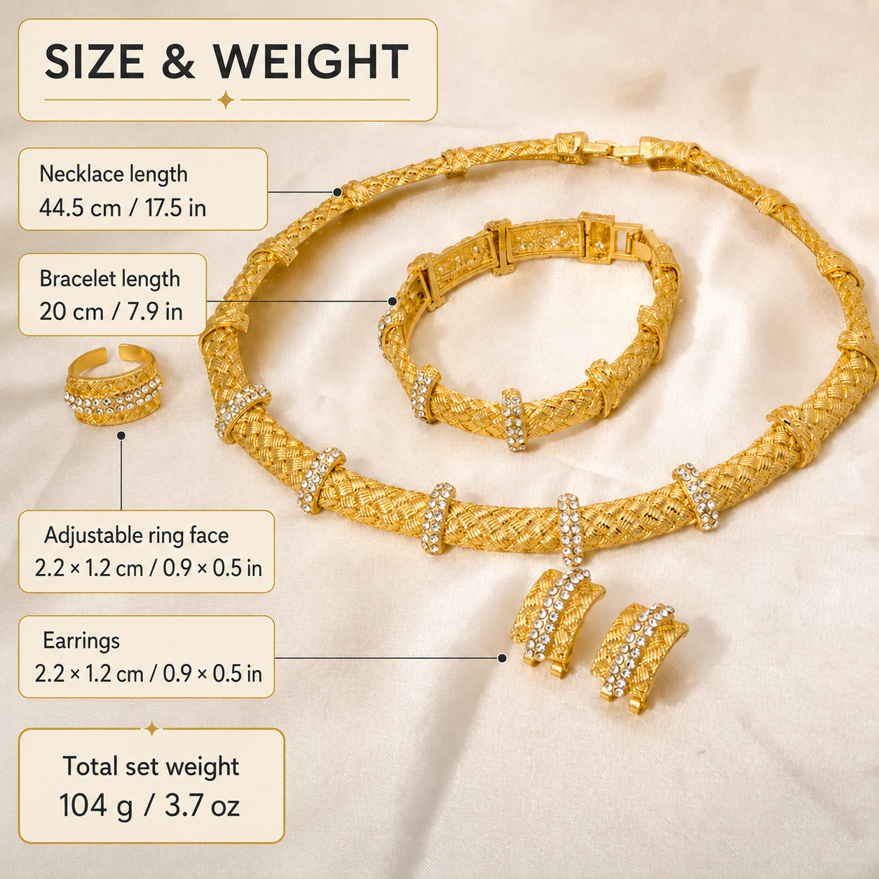 JLRA0091 jewelry set sizing guide: necklace length 44.5 cm or 17.5 in