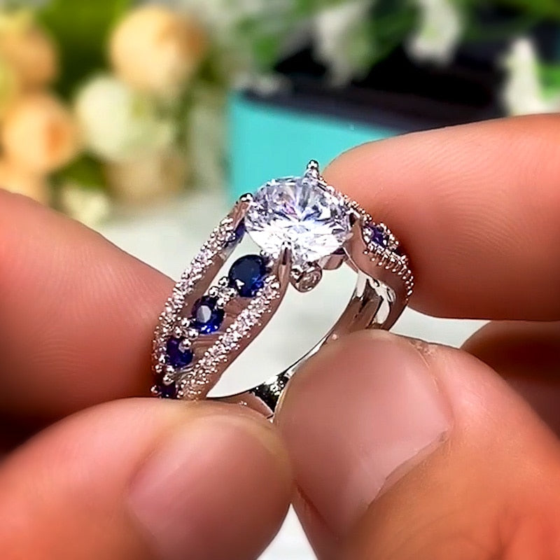 Women Blue/White Round CZ Novel Designed Female Party Ring Temperament Gift Trendy Jewelry