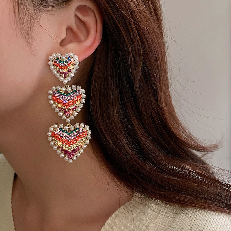 Sweet Pearl Love Heart Colorful Rhinestone Dangle Earrings Style HF4UE7162