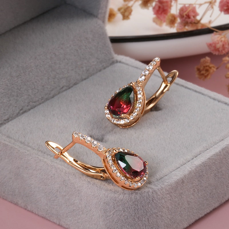 Vintage 585 Rose Gold Earrings Rainbow Zirconia Natural Stone Crystal Earrings for Women Wedding  Jewelry Style F4UJR-115