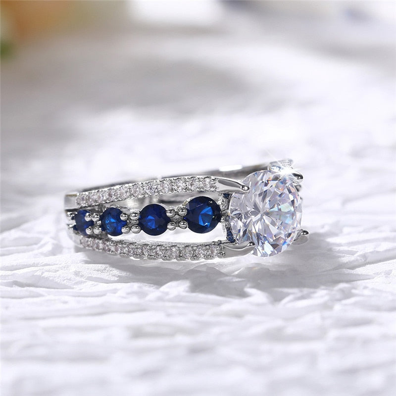 Women Blue/White Round CZ Novel Designed Female Party Ring Temperament Gift Trendy Jewelry