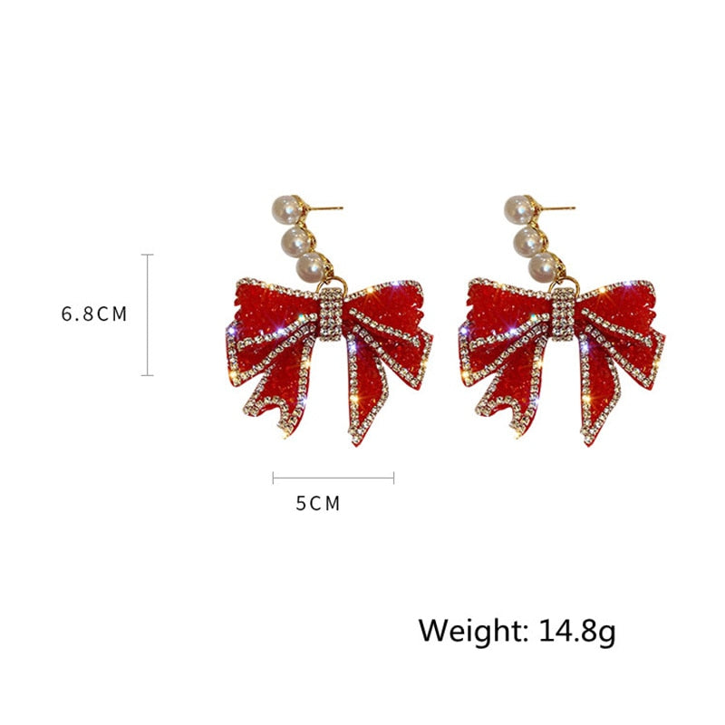 Red Bowknot Dangle With Three Pearl Rhinestone Earrings