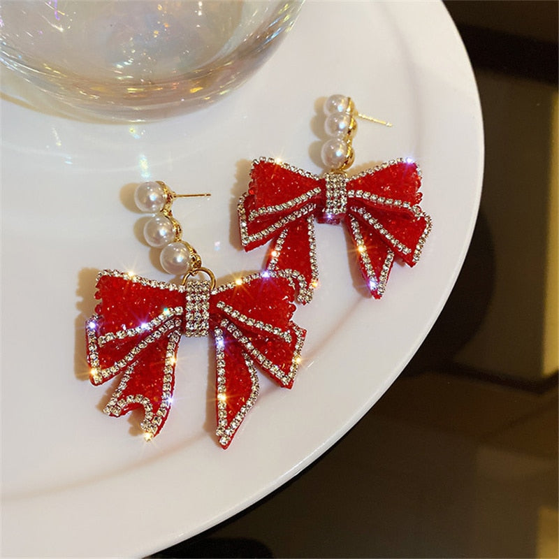 Red Bowknot Dangle With Three Pearl Rhinestone Earrings