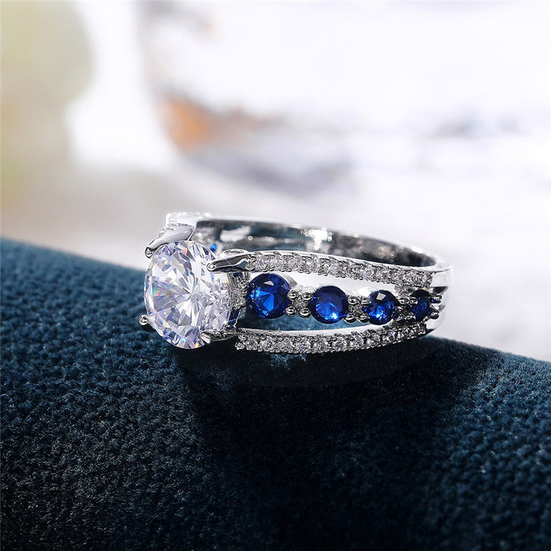 Women Blue/White Round CZ Novel Designed Female Party Ring Temperament Gift Trendy Jewelry