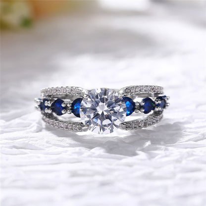 Women Blue/White Round CZ Novel Designed Female Party Ring Temperament Gift Trendy Jewelry