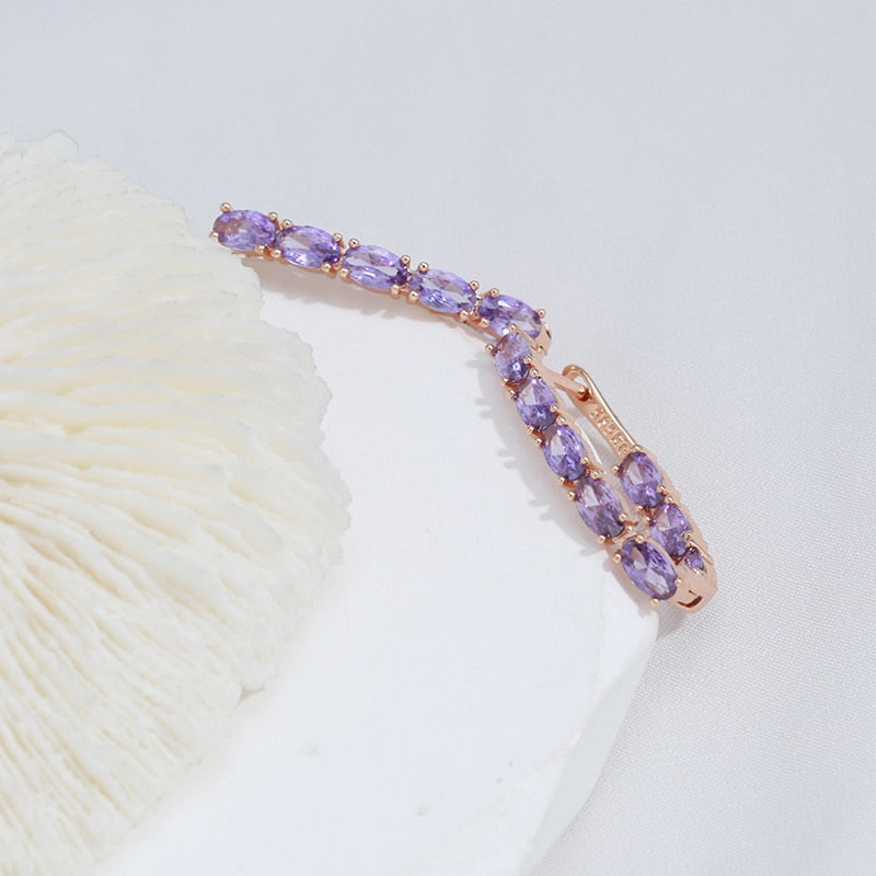 Rose Gold Plated Luxury Full Claw Oval Purple Zircon Metal Earrings Style HF4U0920JD