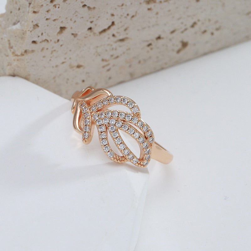 Luxury Full Zircon Fashion Rings Jewelry 585 Rose Gold Color Leaf Texture