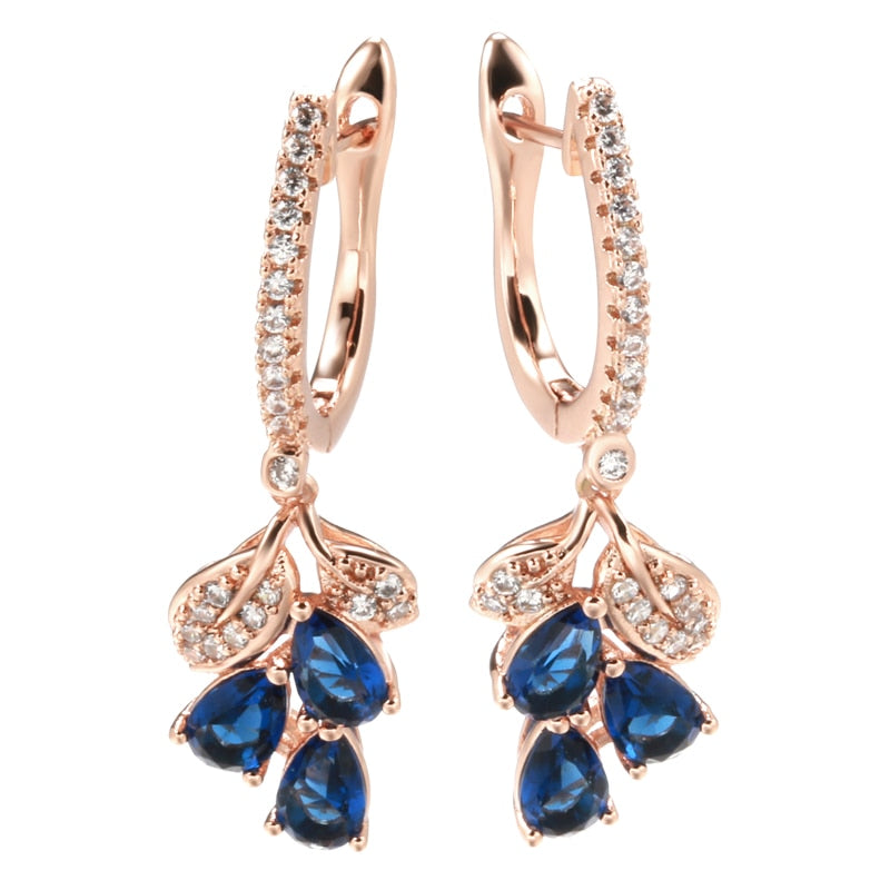 Luxury 585 Rose Gold Plated Full Zircon Drop Blue Dangle Earrings