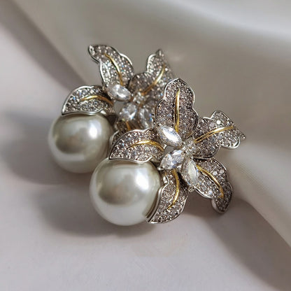 Gorgeous Flower Imitation Pearl Earrings Luxury Inlaid Sparkling CZ Stone Fashion Wedding Jewelry