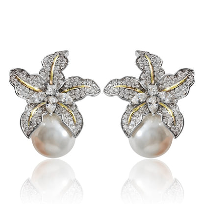 Gorgeous Flower Imitation Pearl Earrings Luxury Inlaid Sparkling CZ Stone Fashion Wedding Jewelry