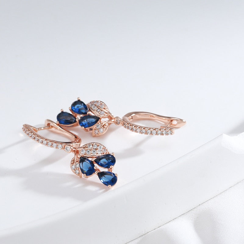 Luxury 585 Rose Gold Plated Full Zircon Drop Blue Dangle Earrings