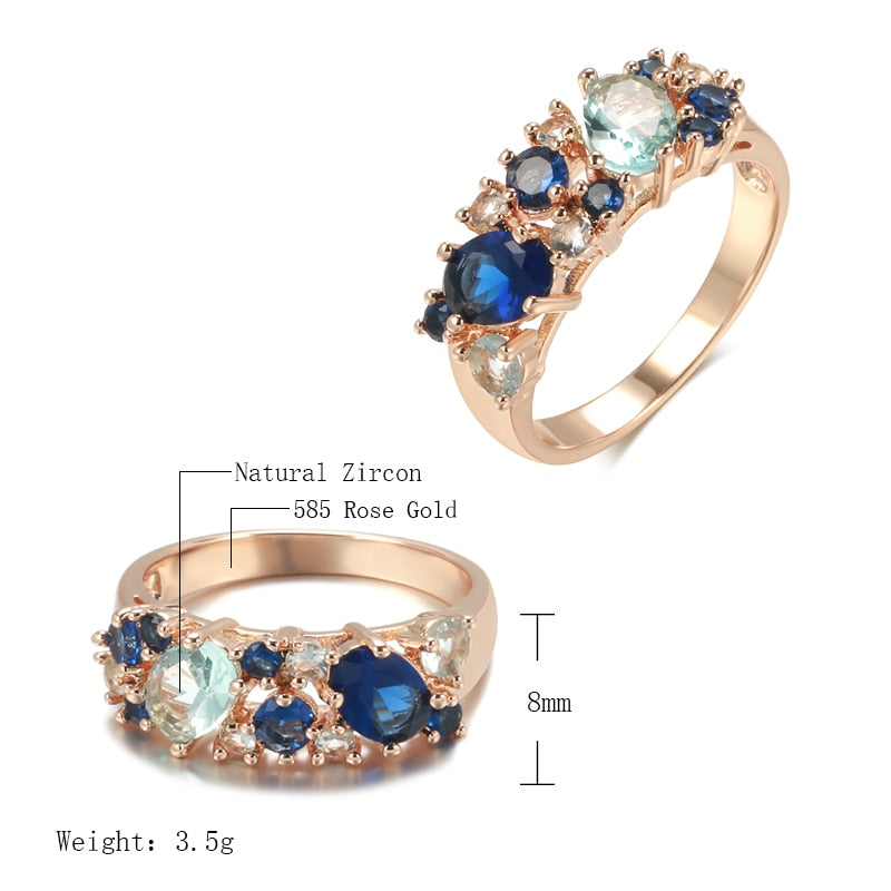 Full Zircon Double Blue Design Luxury 585 Gold Color Rings Style ZF4U0538JD