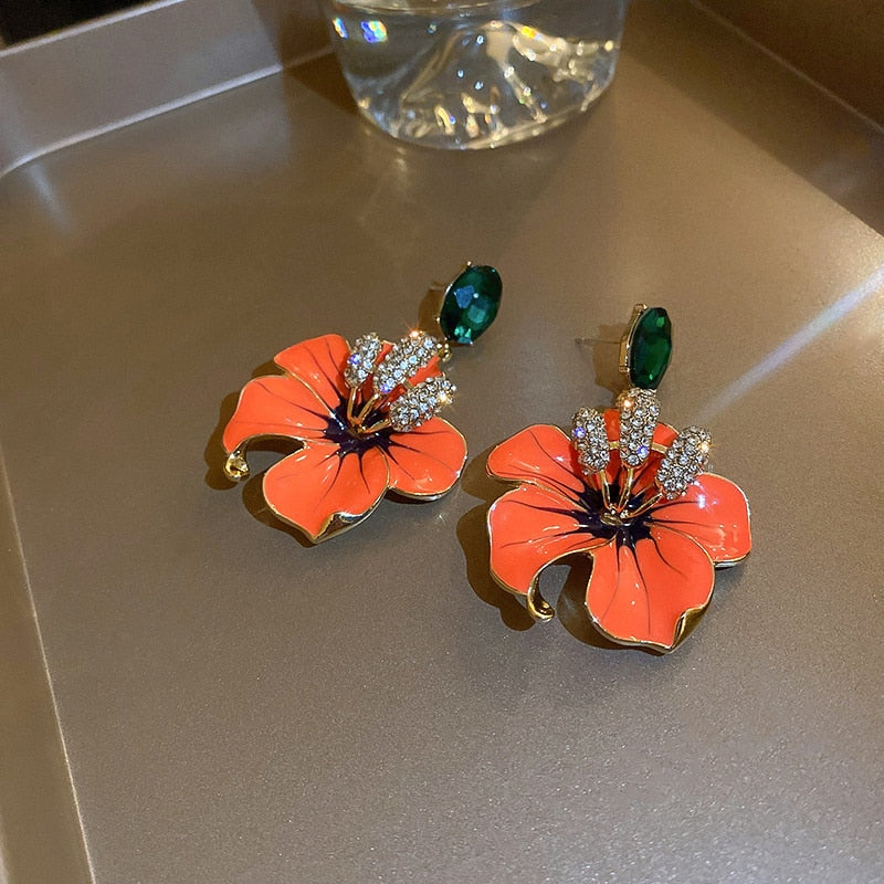 Orange Enamel Flowers Drop Earrings