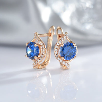 Luxury Oval Geometric Blue Zircon Clip Earrings For Women 585 Rose Gold