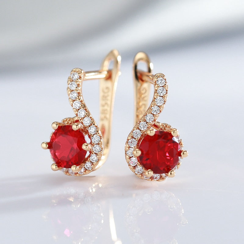 Luxury Full White Zircon And Round Red Zircon Rose Gold Earring Style HF4U0262JD