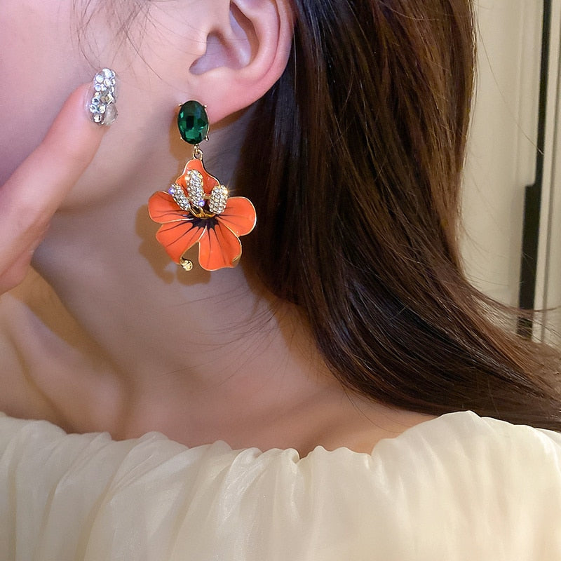 Orange Enamel Flowers Drop Earrings