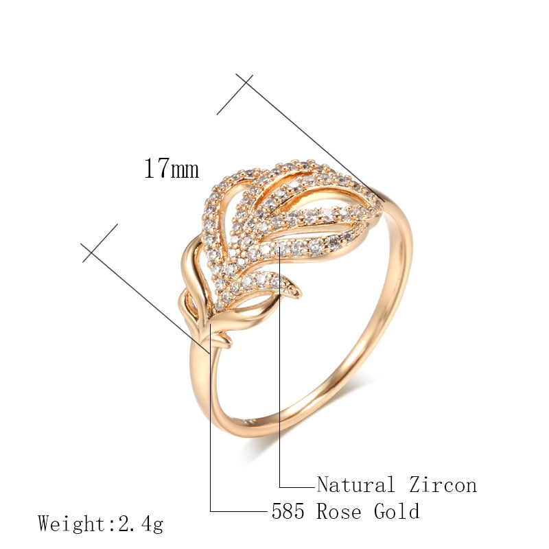 Luxury Full Zircon Fashion Rings Jewelry 585 Rose Gold Color Leaf Texture