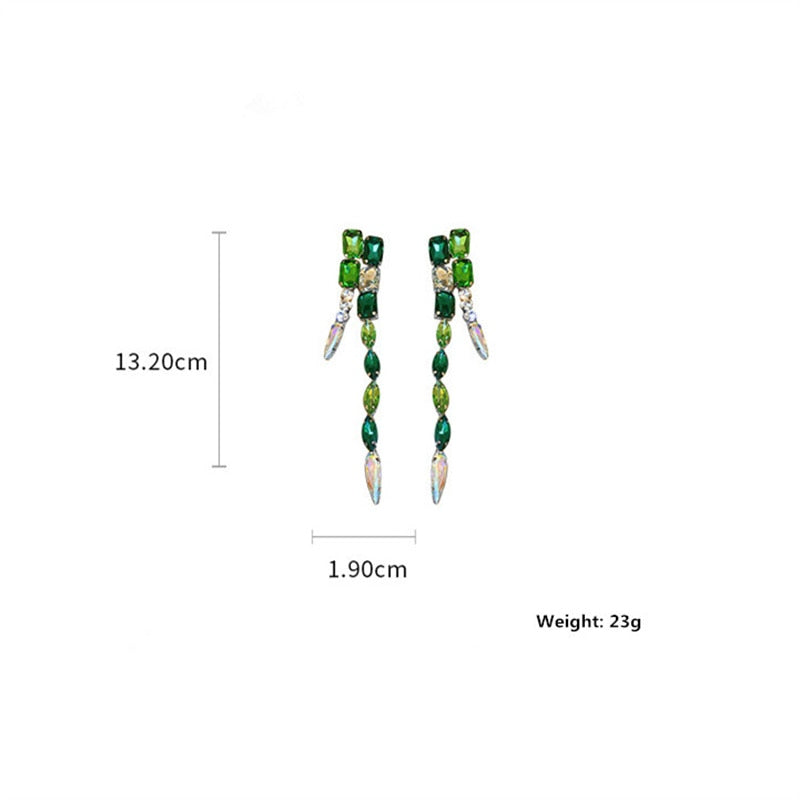 Fashion Square Green Crystal Long Tassel Geometric Dangle Earrings Style HF4UE7748