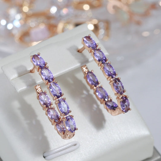 Rose Gold Plated Luxury Full Claw Oval Purple Zircon Metal Earrings Style HF4U0920JD