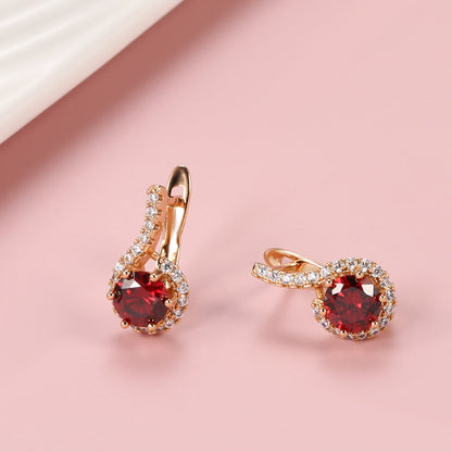 Luxury Full White Zircon And Round Red Zircon Rose Gold Earring Style HF4U0262JD