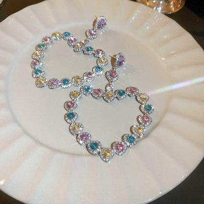 Sweet Colorful Heart Crystal Drop Earrings, Style JLRE9449
