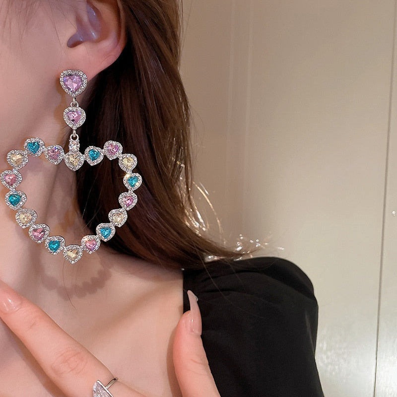 Sweet Colorful Heart Crystal Drop Earrings, Style JLRE9449